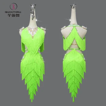 2023 Профессиональное Зеленое платье для латиноамериканских танцев, сексуальная юбка с бахромой, вечерние для девочек, Плюс Размер, одежда для занятий Спортом на заказ, спортивный костюм для Выпускного вечера