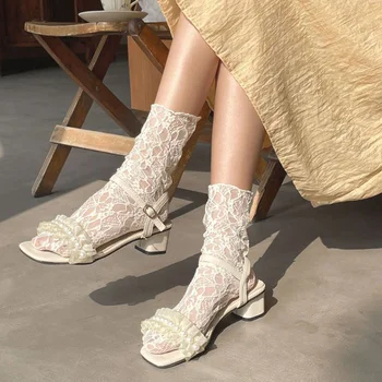 Женские носки в стиле Ретро, Кружевные Сетчатые Носки в стиле Лолиты с цветочным Рисунком, Тонкие Прозрачные носки со средней трубкой, Милые Дизайнерские носки для девочек