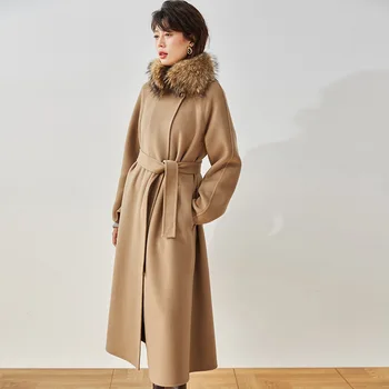 OC00365# Осенне-зимнее Женское пальто средней длины со Свободным воротником и Модным двусторонним кашемировым пальто А-образной формы на шнуровке