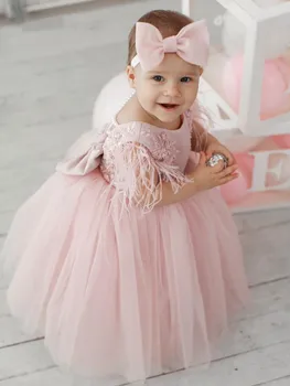Милое Розовое платье Принцессы из тюля на День Рождения с круглым вырезом, открытой спиной, Большим бантом, детская пачка, Летнее детское платье с цветочным узором для девочек