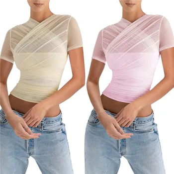 Женские сетчатые футболки в стиле пэчворк с подкладкой на груди, летние футболки с коротким рукавом и застежкой-молнией сзади, Многослойная базовая футболка, укороченный топ, уличная одежда Fairycore