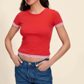 Весна и лето 2023, Новая женская футболка с короткими рукавами и круглым вырезом, Женская короткая футболка с французским кружевом, 2 цвета