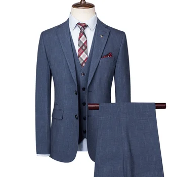 (Куртка + жилет + брюки) Новый мужской костюм, комплект из 3 предметов, серо-синие костюмы, официальная офисная одежда, мужской бренд, приталенный свадебный костюм жениха, брюки