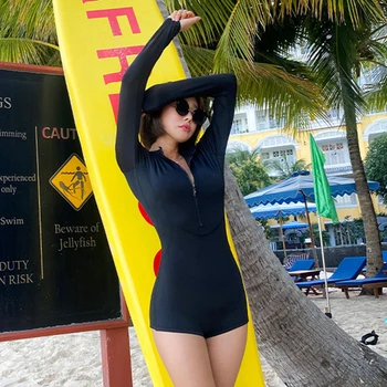Женский однотонный черный цельный купальник с защитой от сыпи на молнии Спереди, костюм для серфинга, солнцезащитные шорты с высоким воротом, купальник