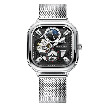 Квадратные часы FAIRWHALE для мужчин, лучший бренд Класса Люкс, Автоматические механические мужские часы, водонепроницаемые Часы Фазы Луны Reloj Hombre