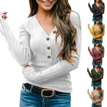 2023 Осенне-зимний новый женский вязаный свитер с V-образным вырезом и длинным рукавом, футболка
