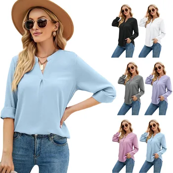 Новая однотонная шифоновая рубашка европейского и американского производства, Свободный пуловер с V-образным вырезом, верхняя рубашка с длинными рукавами, рубашки для женщин