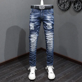 Уличная Мода, Винтажные мужские джинсы, ретро-Синие Эластичные Облегающие Рваные джинсы, Мужские Раскрашенные Дизайнерские брюки в стиле хип-хоп, Hombre