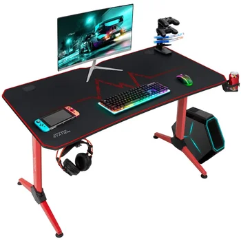 Игровой стол 43 дюйма Y-образный Металлический каркас, игровой стол с подстаканником и крючком для наушников, красный