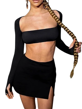 Женская летняя одежда, однотонные топы с повязкой на спине и длинными рукавами, повседневный комплект из мини-юбки с разрезом