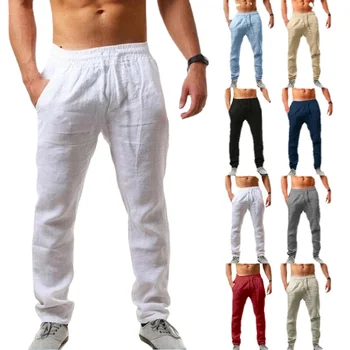 2023 Мужские Новые модные повседневные спортивные брюки с эластичной резинкой на талии из хлопка и льна, однотонные брюки