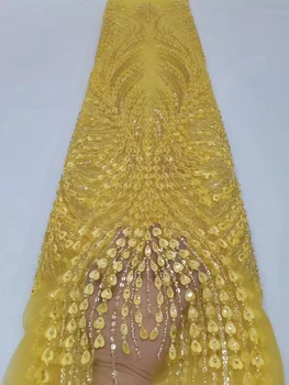 Белая Африканская кружевная ткань, 5 ярдов жених высокое качество блесток, кружева французские нигерийские свадебные кружева шить материя платья PL399-7