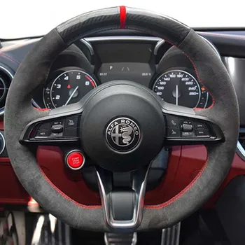 Сшитый вручную Нескользящий Чехол На Руль автомобиля из черной Замши из углеродного волокна Для Alfa Romeo Giulia Stelvio 2019-2022