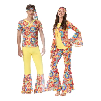 Костюмы хиппи на Хэллоуин для взрослых, Винтажный костюм для дискотеки 1970-х, Женский Мужской костюм для косплея в стиле Рок-хиппи