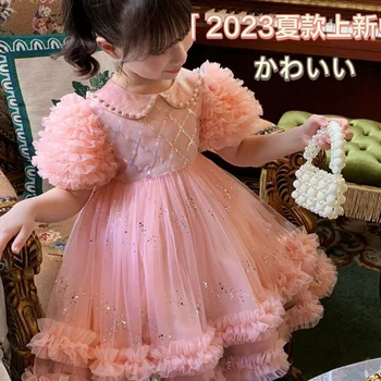 Летнее платье для девочек 2023, Детское Сетчатое Красное платье Принцессы с пузырчатыми рукавами, Модное платье для девочек, Сетчатая пышная юбка