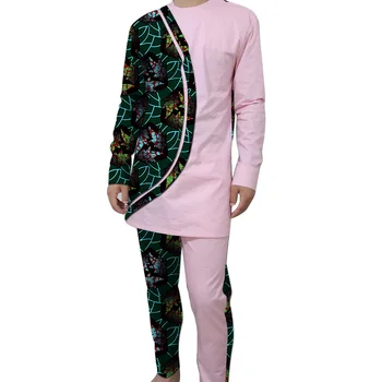 Мужские комплекты в стиле пэчворк с длинными рукавами, Розовый хлопковый костюм Жениха, Мужской топ + брюки, Африканская свадебная одежда, праздничные наряды