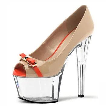 Новое поступление, женские модельные туфли с открытым носком, Пикантные туфли на тонком каблуке 17 см, прозрачные хрустальные туфли-лодочки на платформе с низким берцем для подиума для девочек