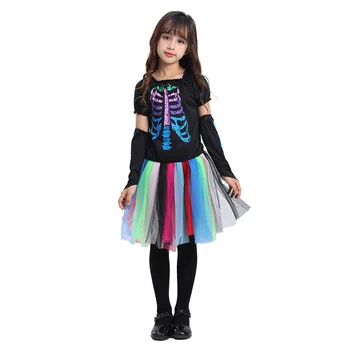 Костюм для девочек в стиле фанки с костями в стиле Панки, Косплей, красочный костюм скелета, костюм на Хэллоуин для детей, Пурим, Карнавал, праздничное платье