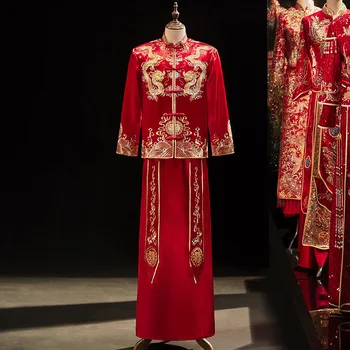 Традиционная вышивка дракона для жениха, восточные свадебные китайские комплекты одежды, халат Vestido, размер S-2XL