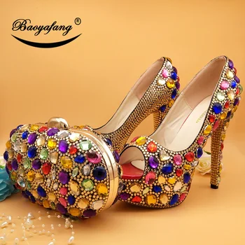 BaoYaFang/ Свадебные туфли на высоком каблуке с открытым носком и разноцветными кристаллами; Женские туфли на платформе и высоком каблуке; Модные туфли и сумка