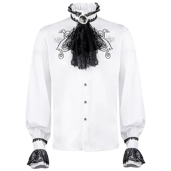 Летняя мужская Европейская средневековая традиционная одежда, полиэстер, однотонная приталенная рубашка с вышивкой в полоску и длинными рукавами, топ