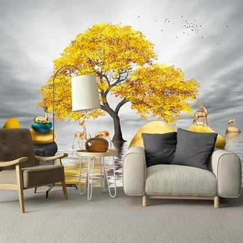 Пользовательские 3D Настенные Фрески Обои Золотое Большое Дерево Декор В Виде Лося Живопись Современный Творческий Кабинет Гостиная Диван Спальня Фотообои