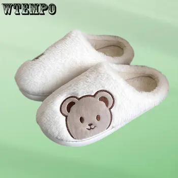 WTEMPO, женские теплые тапочки с мультяшным медведем, нескользящие зимние плюшевые тапочки, теплая обувь для спальни, пара хлопковых тапочек