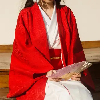 Традиционное японское женское пальто-кимоно, красная жаккардовая длинная куртка, зимняя Хаори Винтаж