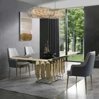Роскошная мебель для столовой Мраморный прямоугольный обеденный стол Золотой каркас из нержавеющей стали