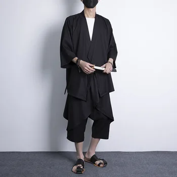 Костюм-двойка M-5XL, Японский модный комплект Кимоно и брюк, мужской кардиган, блузка, Азиатская одежда Хаори, Одежда самурая