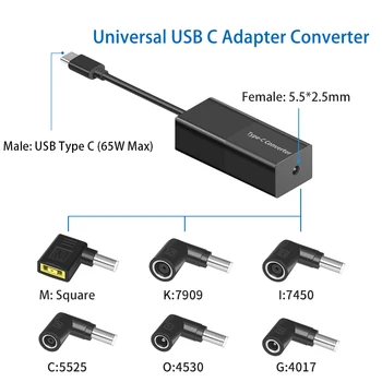 65 Вт USB Type C Конвертер Универсальный адаптер для ноутбука, телефона, Разъем для зарядного устройства 7.9*5.5 7.4*5.0 5.5*2.5 мм Кабель-адаптер USB Type C