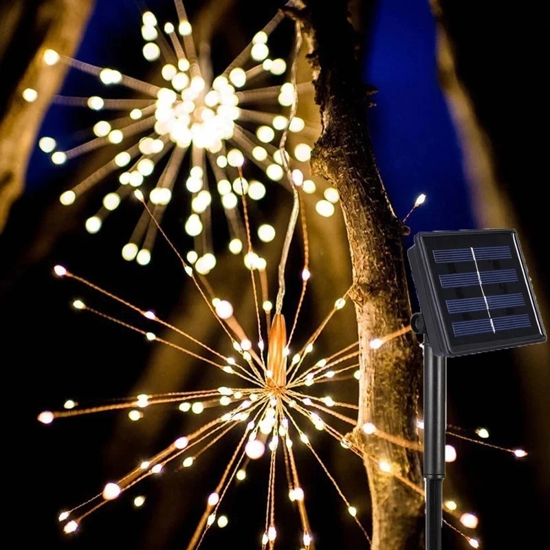 120Led 200 Led Солнечная Лампа Starburst String Light Медный Провод С Питанием От Солнечной Панели Сказочный DIY Фейерверк Рождественский Взрыв Свадебный Свет3