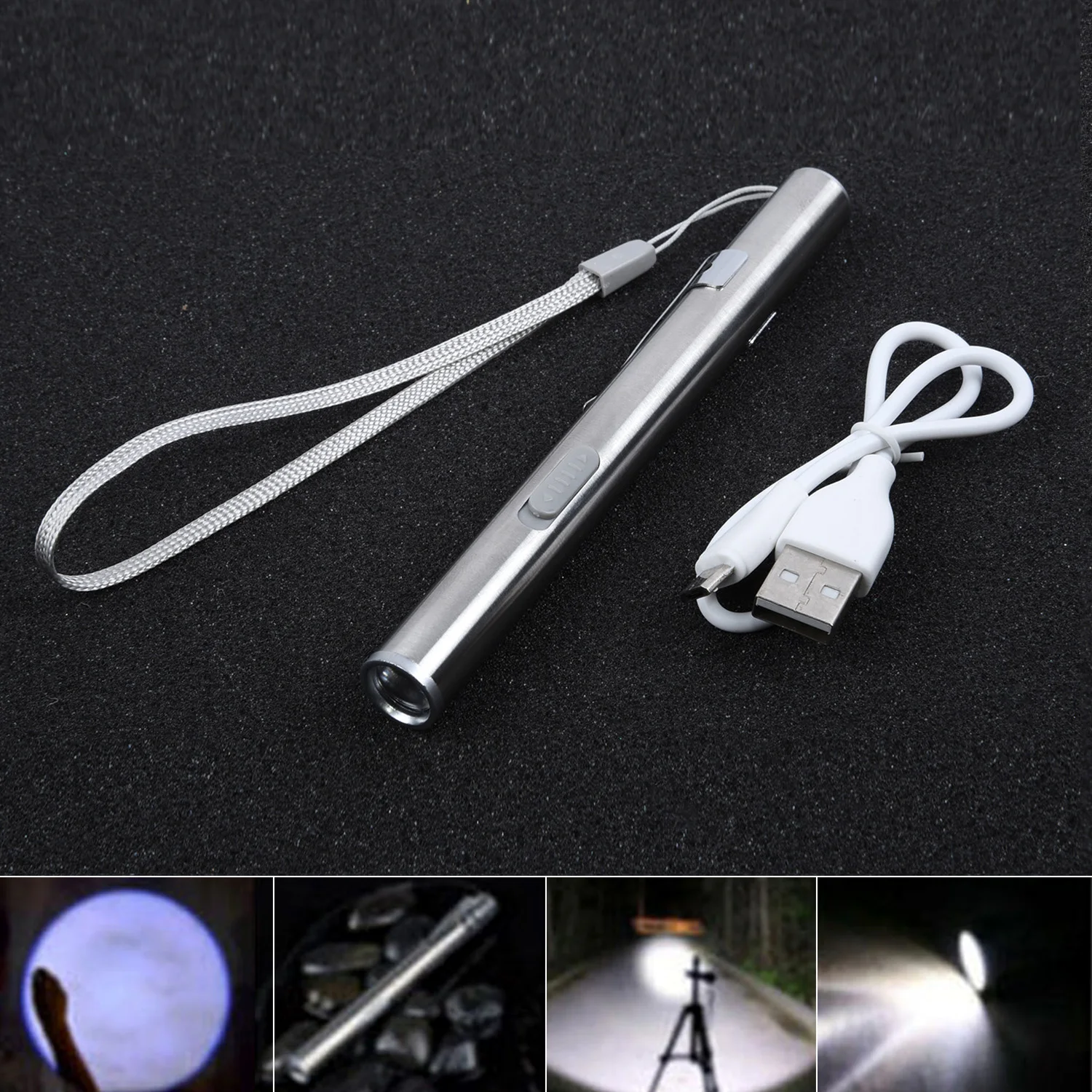 13*1.3*1.3 см Карандаш-фонарик USB Перезаряжаемый фонарик Для Кемпинга Из нержавеющей стали Серебристый Мини-карманный Полезный5