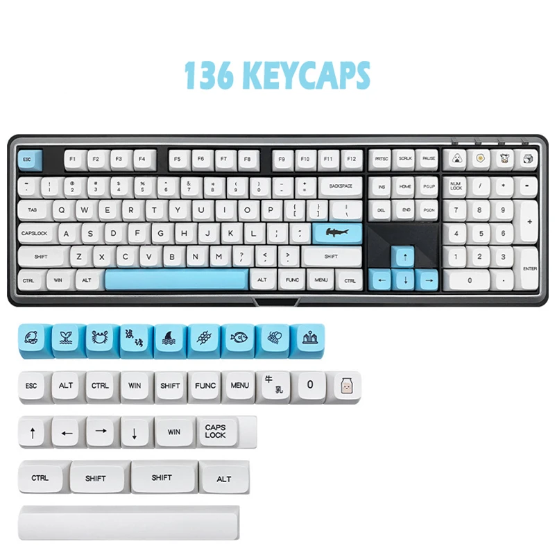 136 Клавишных колпачков для механической клавиатуры Sea Blue Shark PBT XDA DIY Key Caps Keycup DIY 60% 90% Полный размер5