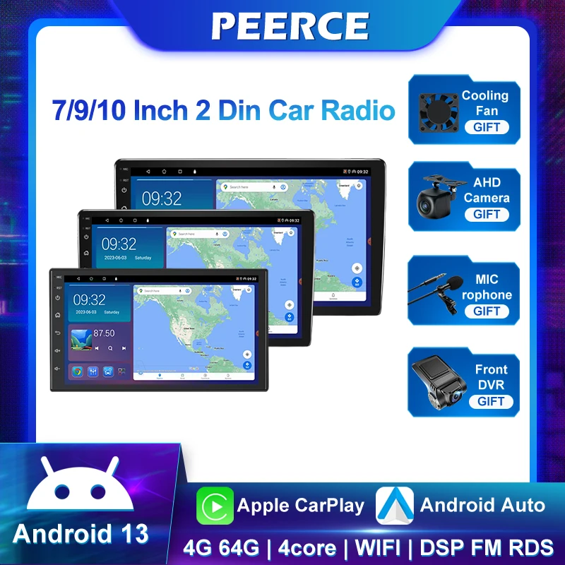 2 Din 7/9/10 дюймов Android 13 Автомобильный радиоприемник Автомобильный мультимедийный стереоприемник Carplay Android auto IPS/QLED стерео Bluetooth dvd0