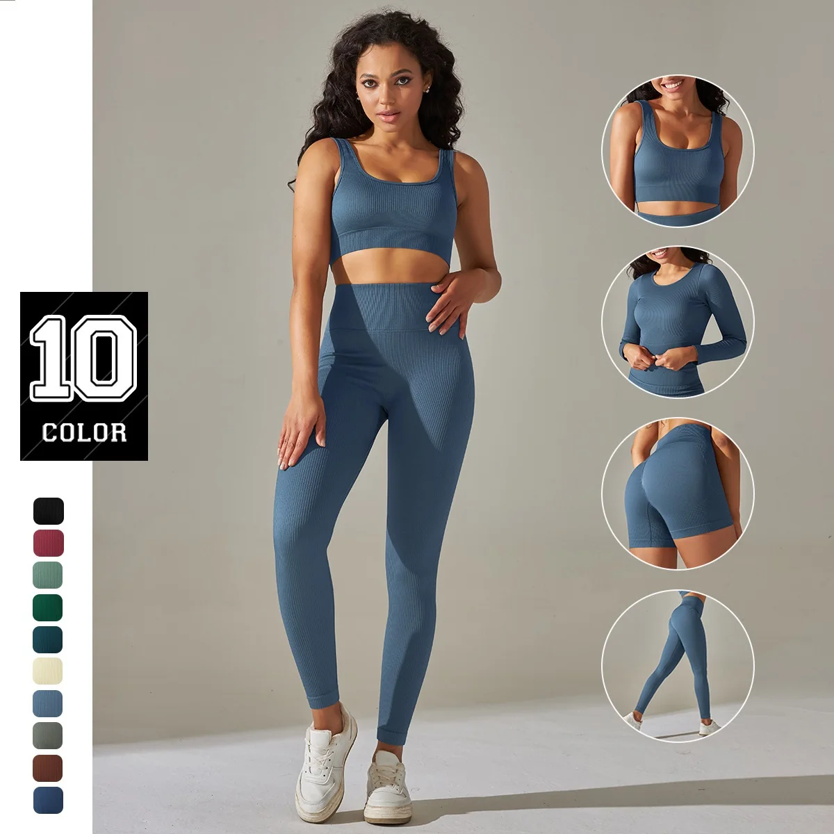 2023 Новая женская одежда для йоги в рубчик Осень-зима, длинная футболка, брюки с высокой талией, тренировочные костюмы0