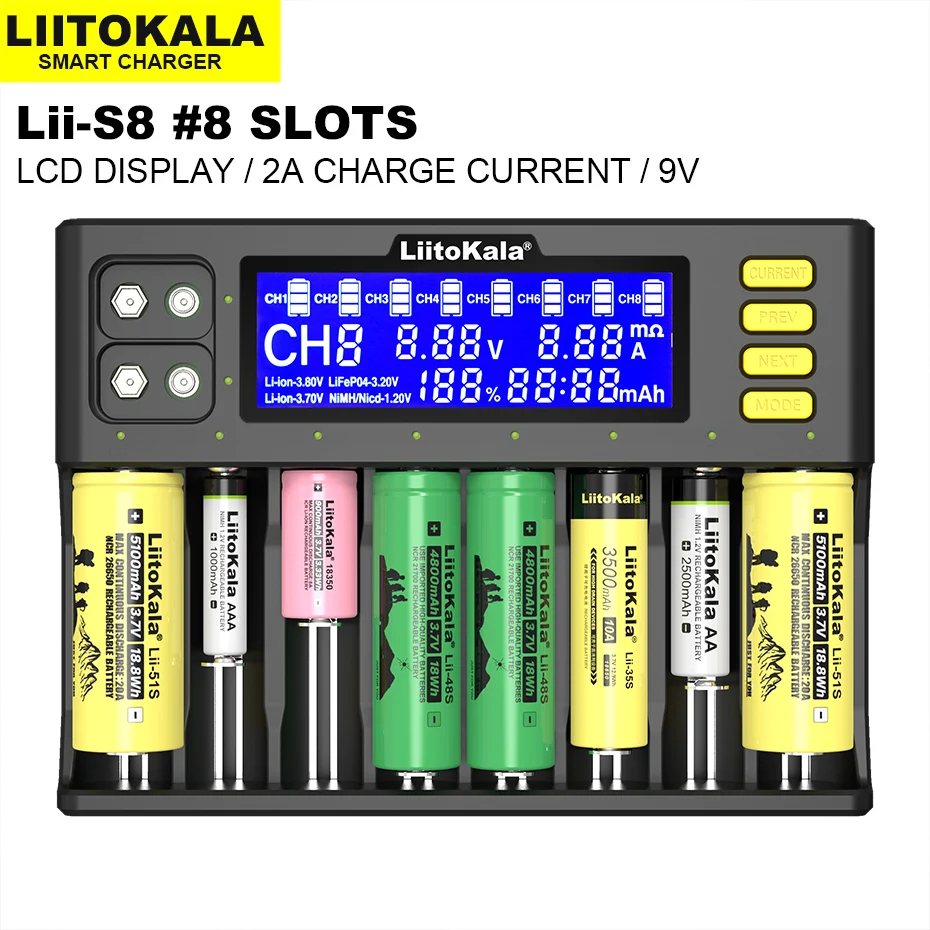 2023 Новое Зарядное устройство LiitoKala Lii-S8 3,7 V Li-ion NiMH 1,2 V Li-FePO4 3,2 V IMR 3,8 V для 18650 26650 21700 26700 AA AAA1