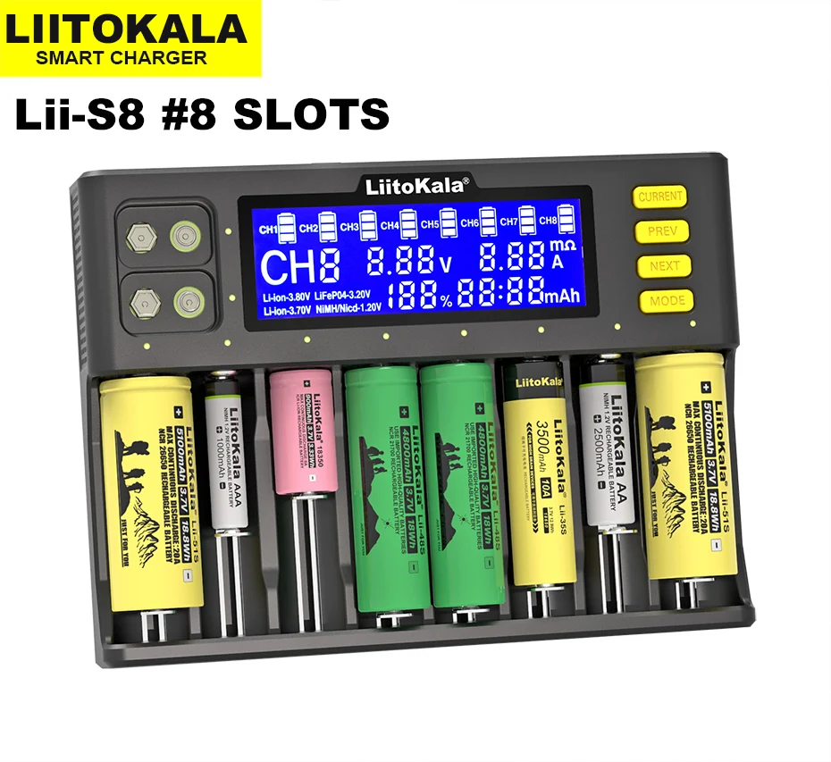 2023 Новое Зарядное устройство LiitoKala Lii-S8 3,7 V Li-ion NiMH 1,2 V Li-FePO4 3,2 V IMR 3,8 V для 18650 26650 21700 26700 AA AAA2