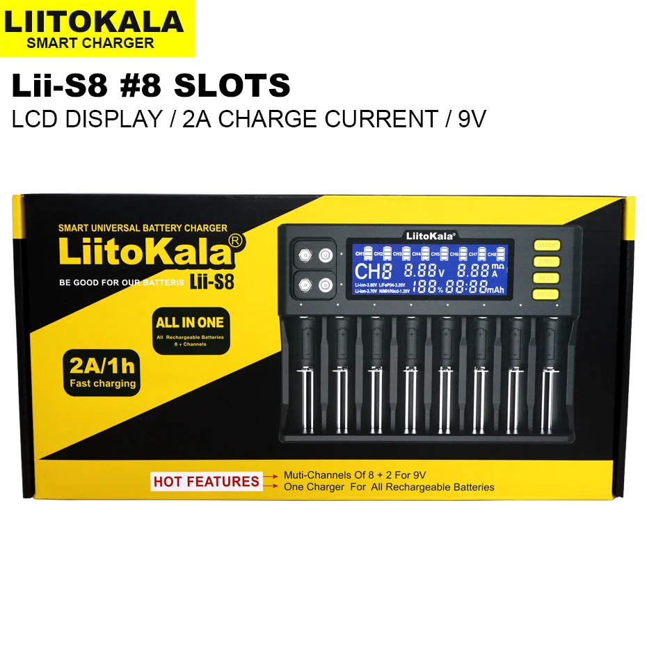 2023 Новое Зарядное устройство LiitoKala Lii-S8 3,7 V Li-ion NiMH 1,2 V Li-FePO4 3,2 V IMR 3,8 V для 18650 26650 21700 26700 AA AAA4
