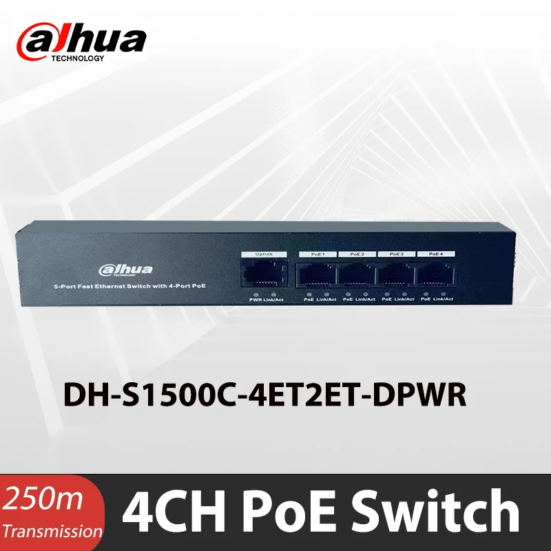 4-портовый PoE-коммутатор Dahua DH-S1500C-4ET2ET-DPWR 4-КАНАЛЬНЫЙ Ethernet-коммутатор питания Поддерживает 802.3af 802.3at POE, мощность питания 100 Мбит/с0