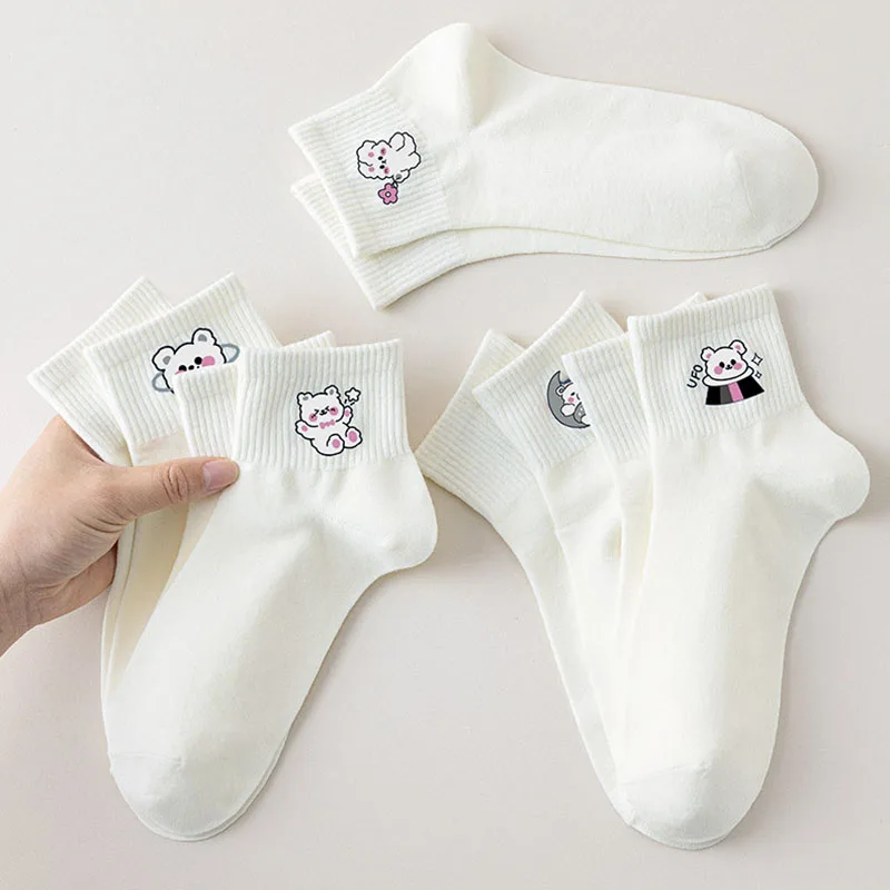 5 пар высококачественных женских белых носков из чистого хлопка, летние тонкие японские впитывающие пот и дышащие носки с мультяшным мишкой0
