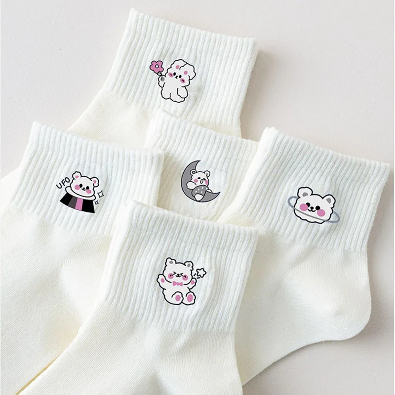 5 пар высококачественных женских белых носков из чистого хлопка, летние тонкие японские впитывающие пот и дышащие носки с мультяшным мишкой1