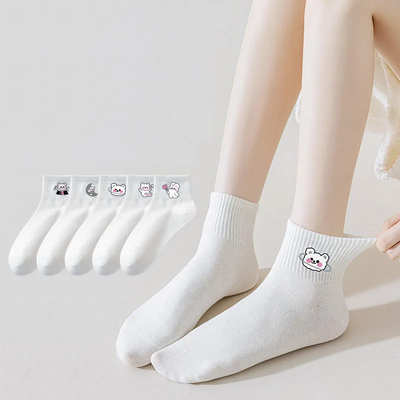 5 пар высококачественных женских белых носков из чистого хлопка, летние тонкие японские впитывающие пот и дышащие носки с мультяшным мишкой2