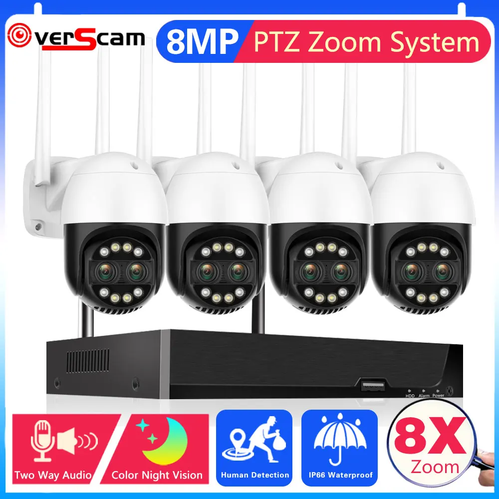 8-Кратный Зум 4k Wifi PTZ IP-камера с 4-канальной 8-мегапиксельной системой POE NVR Auo Tracking 2-Полосный Аудио Комплект Камеры видеонаблюдения 8CH0