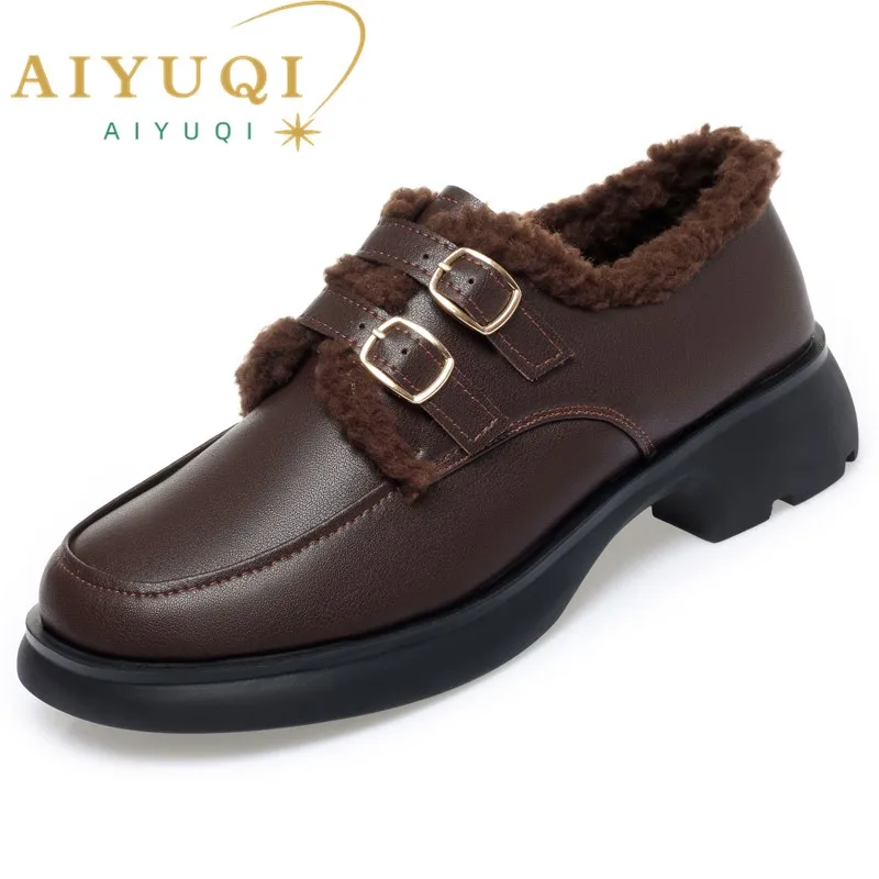 AIYUQI/ Женская обувь на меху в британском стиле; Коллекция 2023 года; Новинка осени; Женские лоферы из натуральной кожи в стиле Ретро; Женская обувь на среднем каблуке0