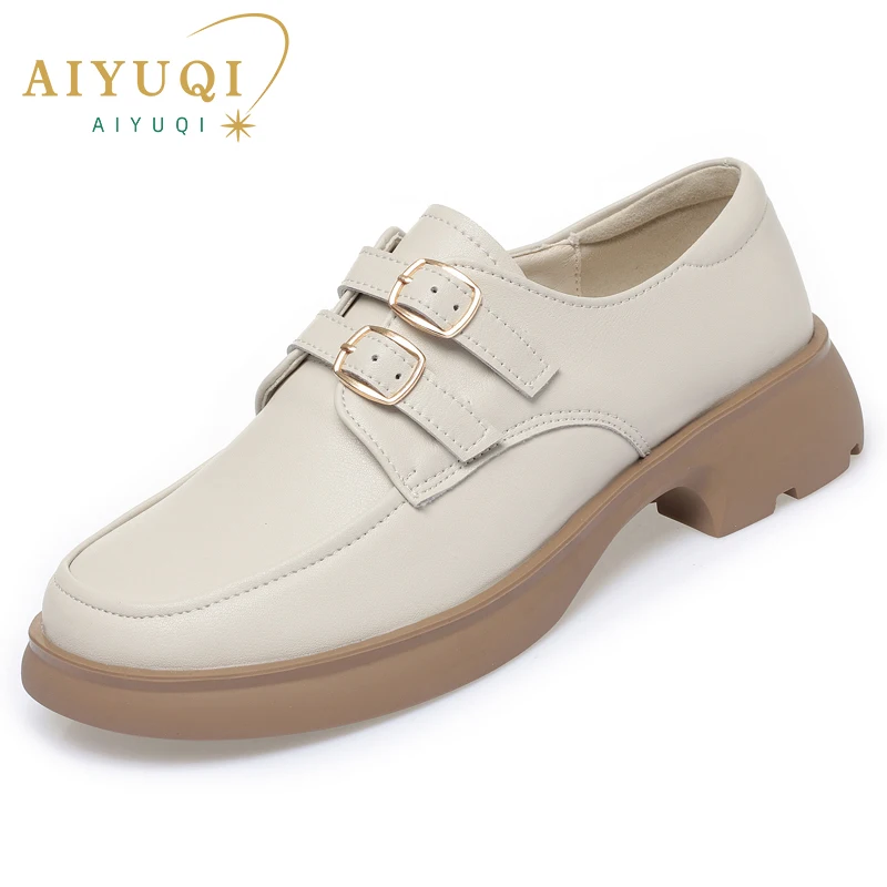 AIYUQI/ Женская обувь на меху в британском стиле; Коллекция 2023 года; Новинка осени; Женские лоферы из натуральной кожи в стиле Ретро; Женская обувь на среднем каблуке1