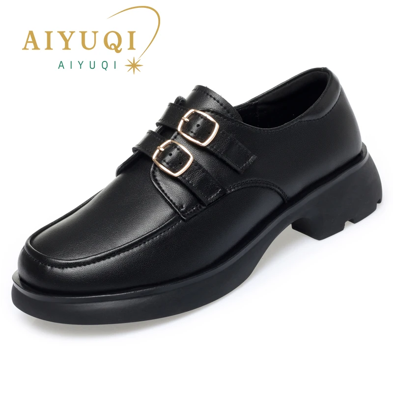 AIYUQI/ Женская обувь на меху в британском стиле; Коллекция 2023 года; Новинка осени; Женские лоферы из натуральной кожи в стиле Ретро; Женская обувь на среднем каблуке2
