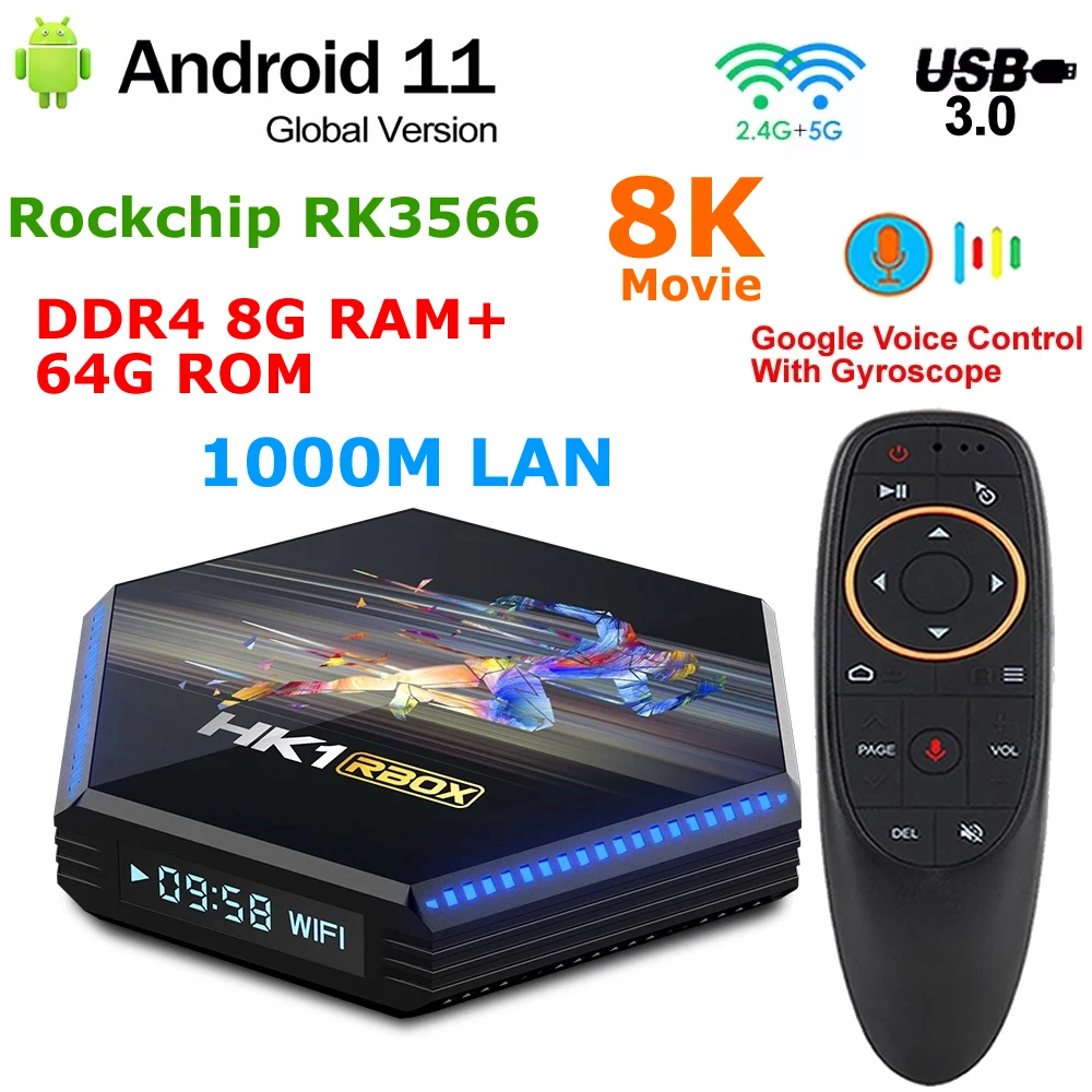 Android 11 TV BOX HK1 RBOX R2 RK3566 DDR4 8 ГБ ОЗУ 64 Г ПЗУ 5 Г Двойной WIFI 1000 М Lan телеприставка USB3.0 HDR 4K Медиаплеер Youtube0