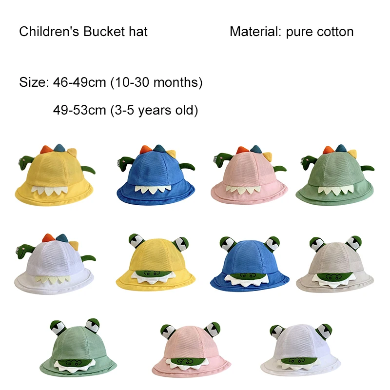 BeQeuewll, Милая детская шляпа от Солнца с широкими полями, мелкая сетка, Мультяшный динозавр/Лягушка, Летняя шляпа для девочек и мальчиков2
