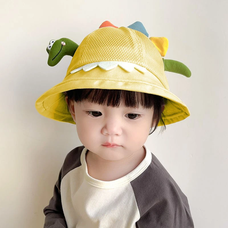 BeQeuewll, Милая детская шляпа от Солнца с широкими полями, мелкая сетка, Мультяшный динозавр/Лягушка, Летняя шляпа для девочек и мальчиков4